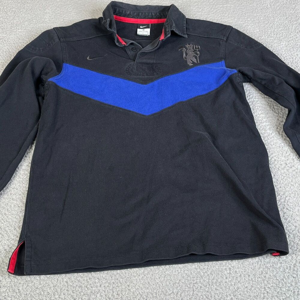 NIKE Manchester United Long Sleeve Rugby Shirt Men M Black Blue Embroidered